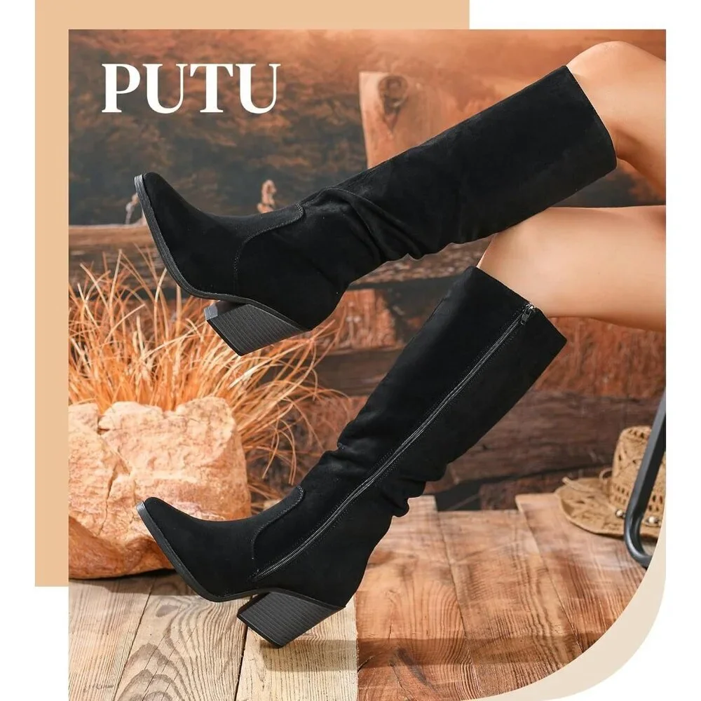 Women's Black Faux Suede Chunky Heel Boots Side Zipper Slouchy Knee High Boots
